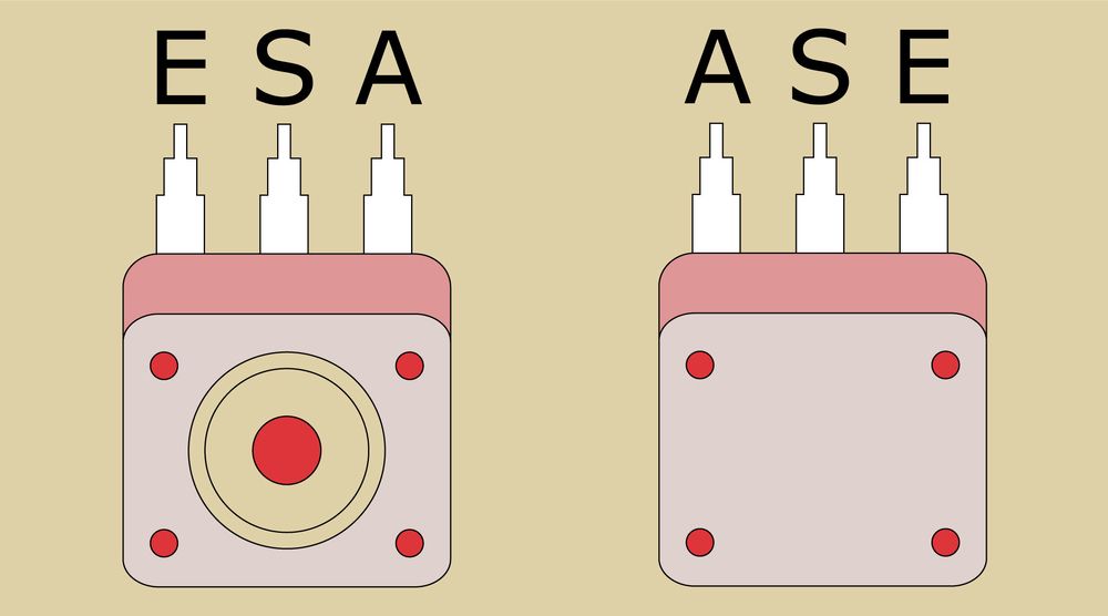 Die Anschlüsse eines Potentiometers von oben nach unten