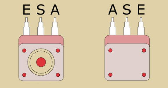 Las conexiones de un potenciómetro de arriba a bajo