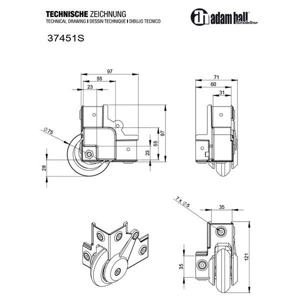 Adam Hall 37451 Recessed Corner Castor