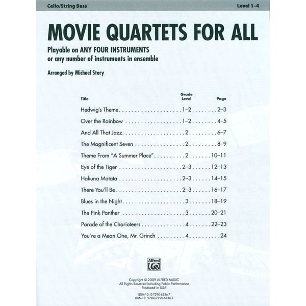 Alfred Music Publishing Movie Quartets for All Cello