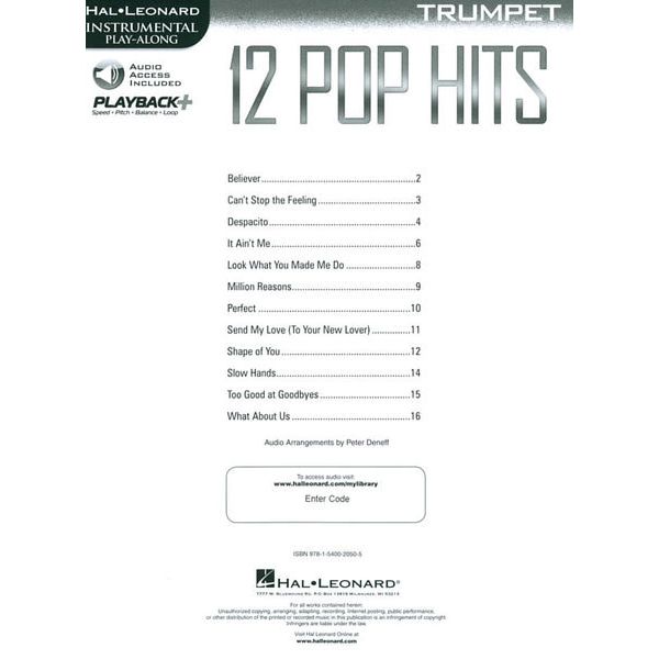 Hal Leonard 12 Pop Hits Trumpet