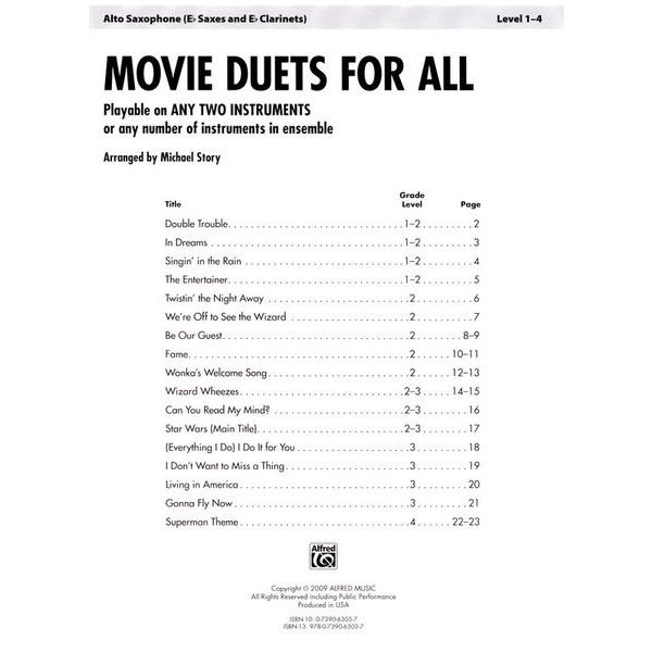 Alfred Music Publishing Movie Duets For All Alto Sax Thomann UK