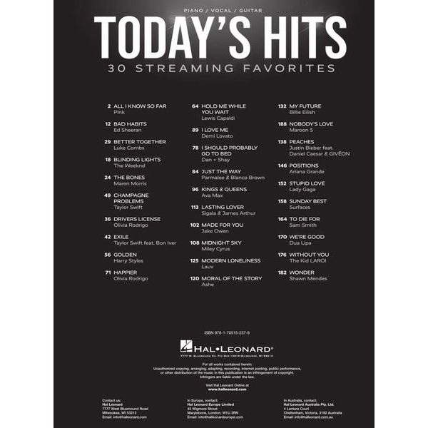 Hal Leonard Today's Hits 30 Favorites