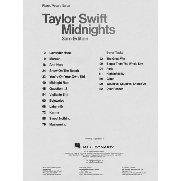 Hal Leonard Taylor Swift Midnights (3 AM)