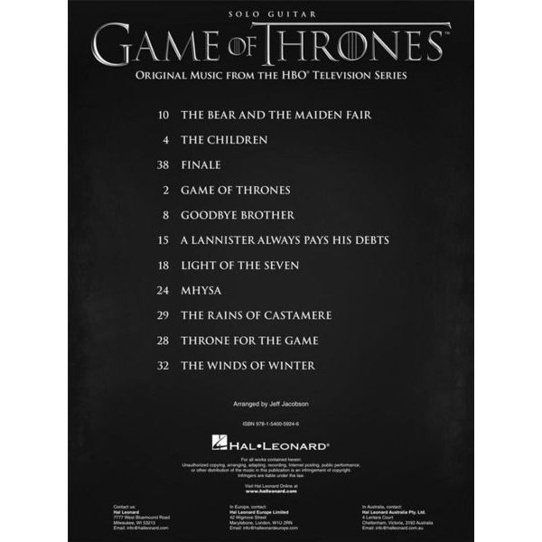 Hal Leonard Game of Thrones Guitar Thomann Switzerland