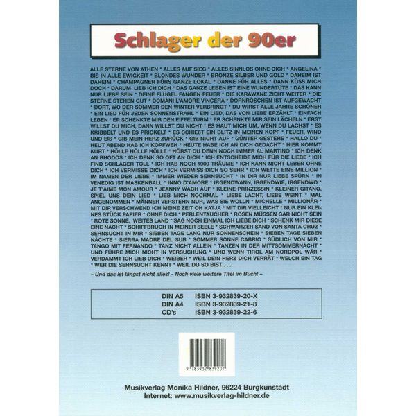 Musikverlag Hildner 140 German Schlager der 90er