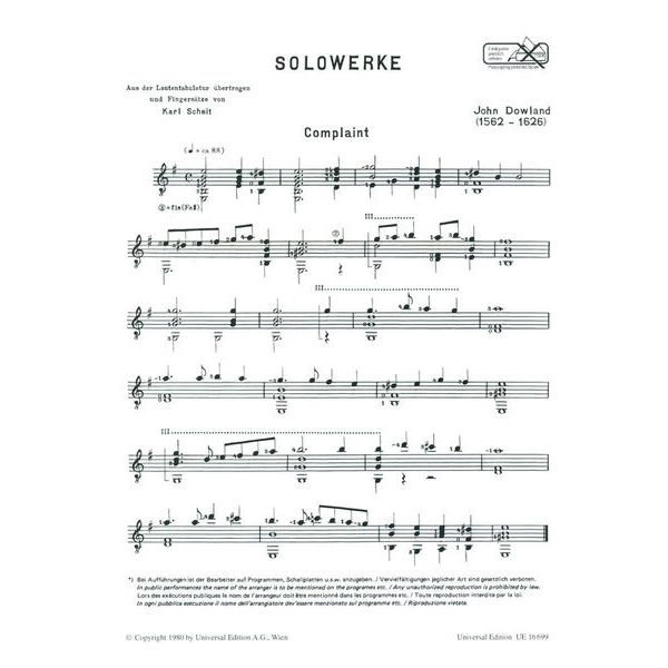 Universal Edition Dowland Solowerke 1