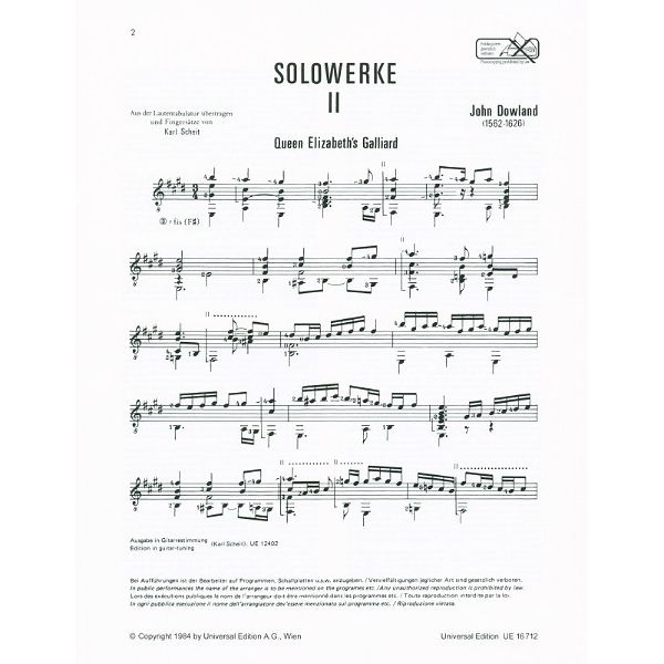 Universal Edition John Dowland Solowerke 2