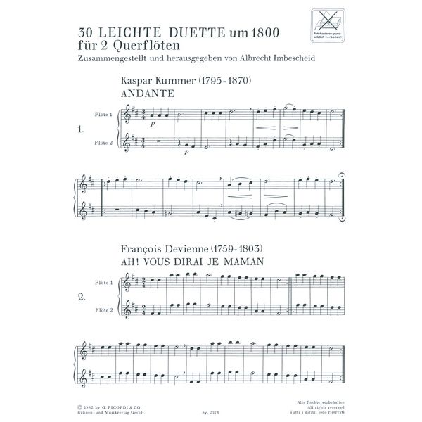 Ricordi 30 Leichte Duette um 1800