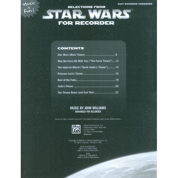 Alfred Music Publishing Selections Star Wars Recorder