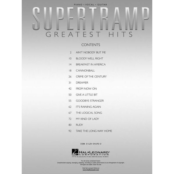 Hal Leonard Supertramp Greatest Hits