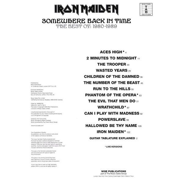 Wise Publications Iron Maiden Somewhere Back In