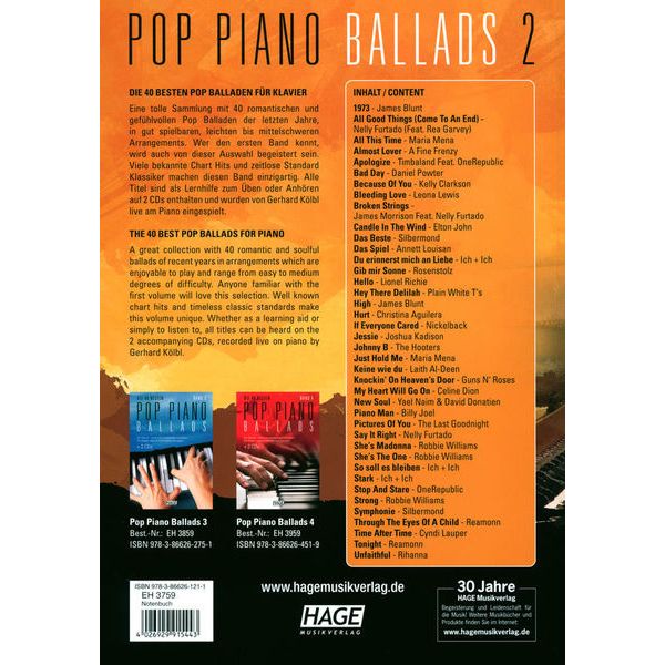 Hage Musikverlag Pop Piano Ballads 2