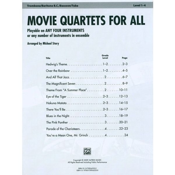 Alfred Music Publishing Movie Quartets for All Tromb.