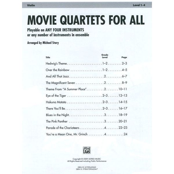 Alfred Music Publishing Movie Quartets for All Violin