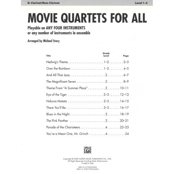 Alfred Music Publishing Movie Quartets for All Clarine