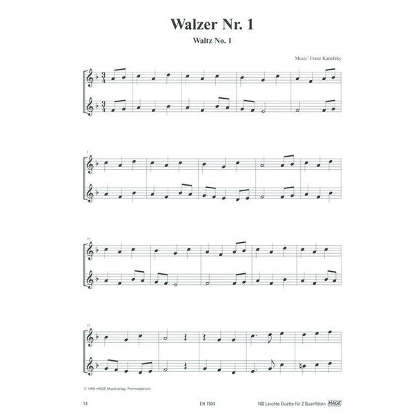 Hage Musikverlag 100 Leichte Duette Querflöte