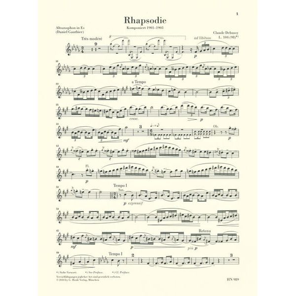 Henle Verlag Debussy Rhapsodie Altsax