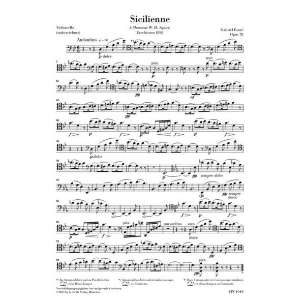 Henle Verlag Fauré Sicilienne Opus 78 Cello