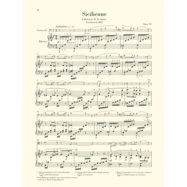 Henle Verlag Fauré Sicilienne Opus 78 Cello