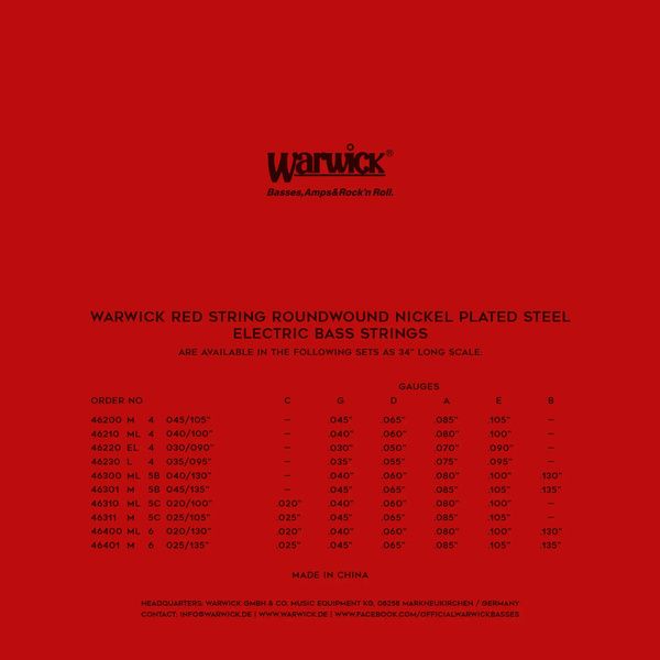 Warwick Red Strings Bass Set Light N