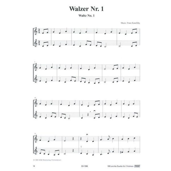 Hage Musikverlag 100 Leichte Duette Violine