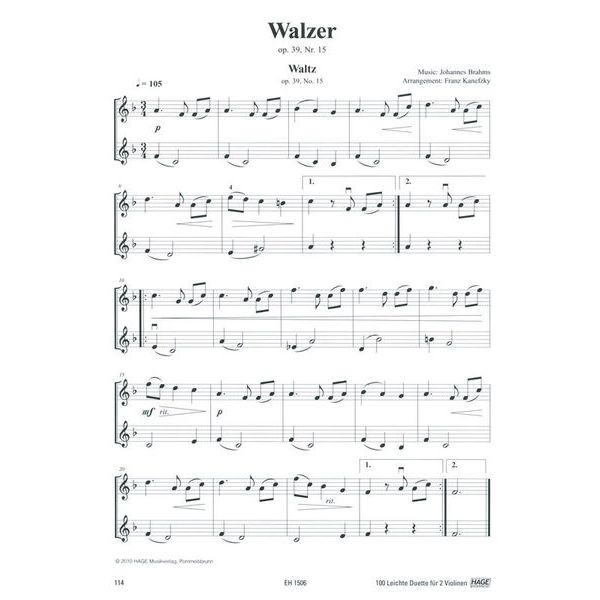 Hage Musikverlag 100 Leichte Duette Violine