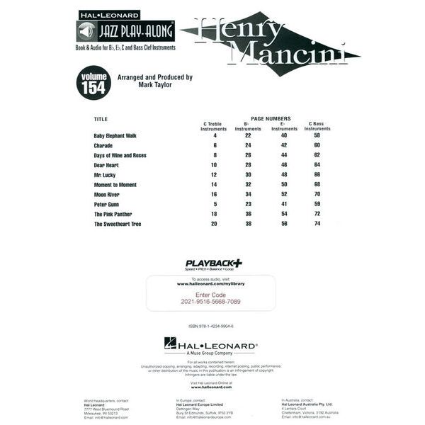Hal Leonard Jazz Play-Along Henry Mancini