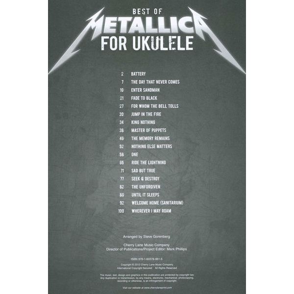 Cherry Lane Music Company Best Of Metallica For Ukulele