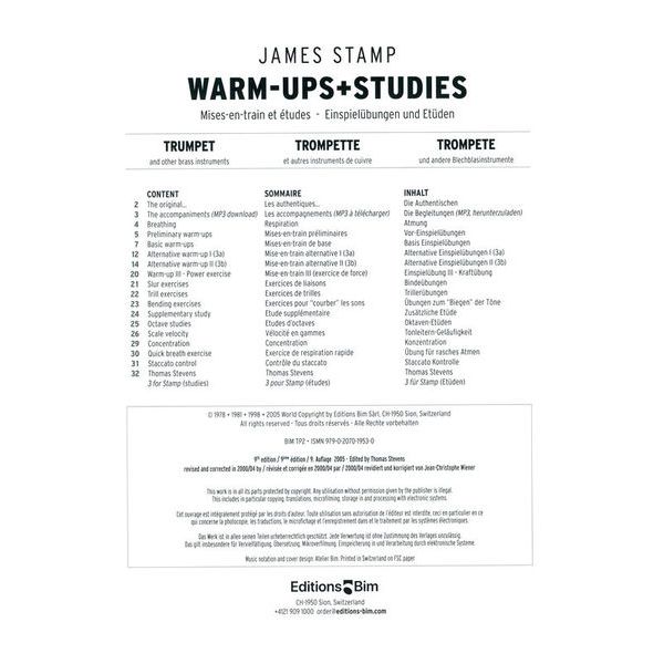 Editions Bim Warm-Ups And Studies Trumpet