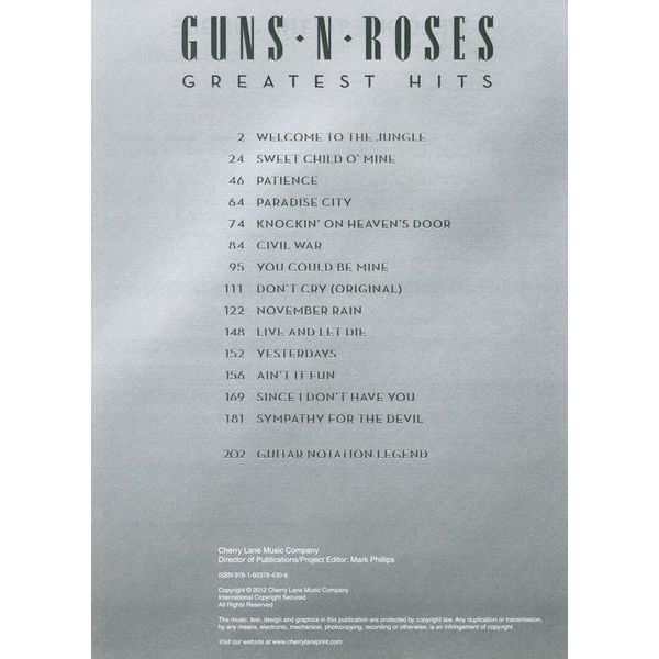 Cherry Lane Music Company Guns n' Roses Greatest Hits