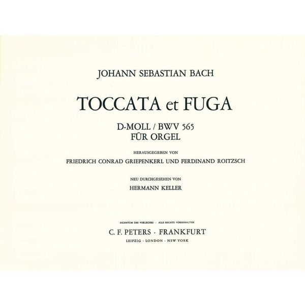 Edition Peters Bach Toccata Und Fuge BWV 565