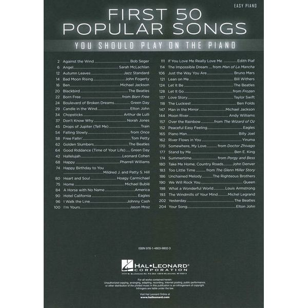 Hal Leonard First 50 Popular Songs Piano
