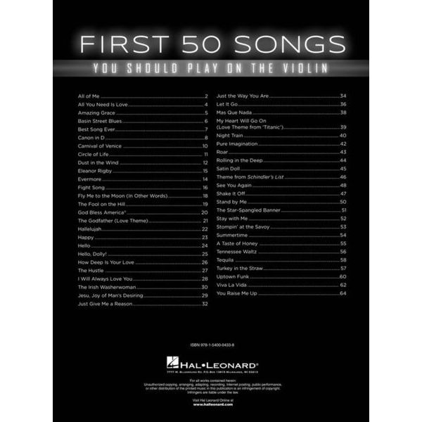 Hal Leonard 50 Songs You Should Violin