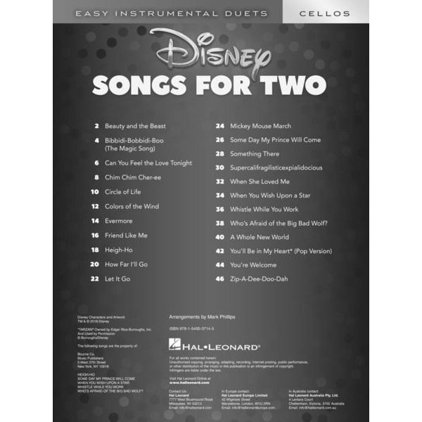 Hal Leonard Disney Songs For Two Cello