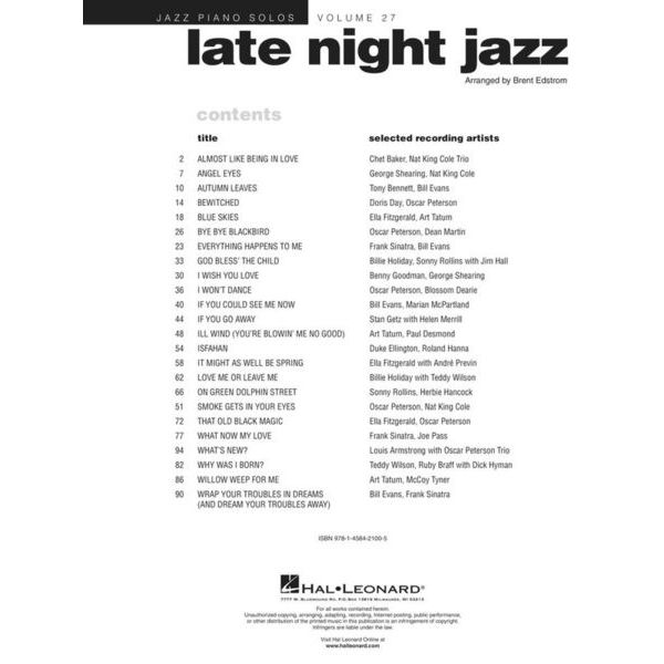 Hal Leonard Jazz Piano Solos Late Night