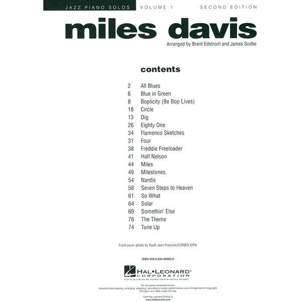 Hal Leonard Jazz Piano Solos Miles Davis