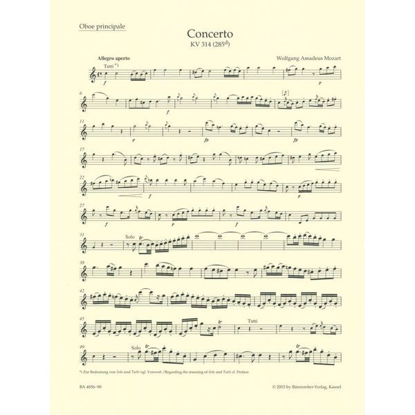 Bärenreiter Mozart Concert for Oboe KV 314