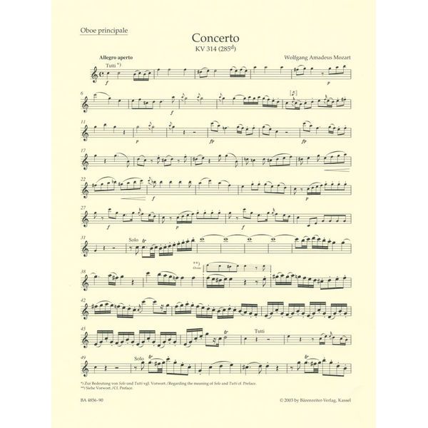 Bärenreiter Mozart Concert for Oboe KV 314