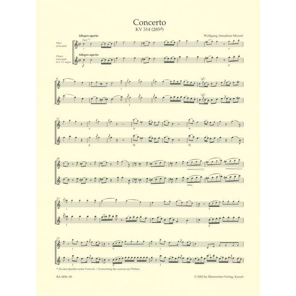 Bärenreiter Mozart Concert for Oboe KV 314