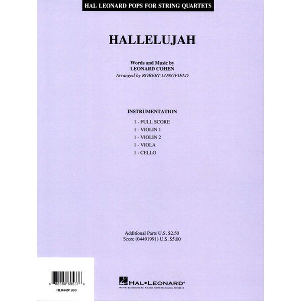 Hal Leonard L. Cohen Hallelujah String Qt.