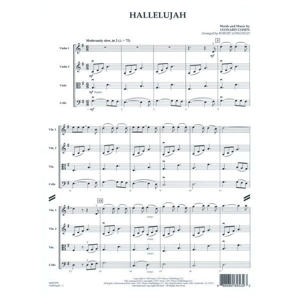 Hal Leonard L. Cohen Hallelujah String Qt.