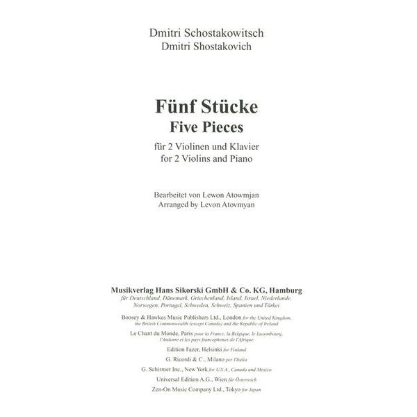Sikorski Musikverlage Schostakowitsch 5 Stücke VL