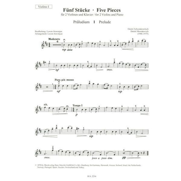 Sikorski Musikverlage Schostakowitsch 5 Stücke VL
