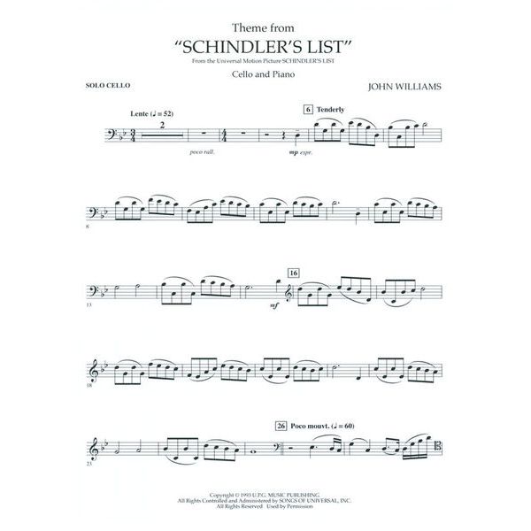 Hal Leonard Schindler's List Theme Cello