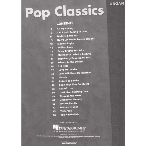 Hal Leonard Pop Classics Organ