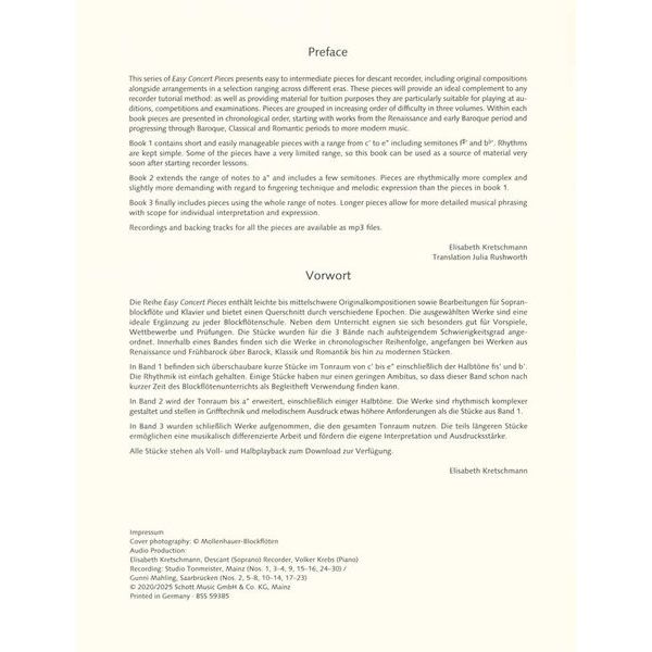 Schott Easy Concert Pieces Recorder 1