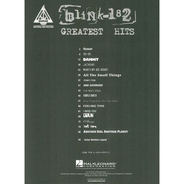 Hal Leonard Blink-182 Greatest Hits