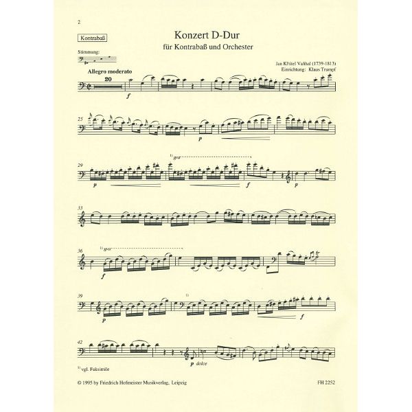 Friedrich Hofmeister Verlag Vanhal Concert D-Dur Kontrabas