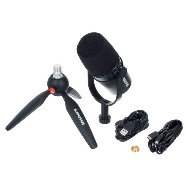 Shure MV7 Microphone Dynamique pour Podcast XLR/USB Noir + Trépied